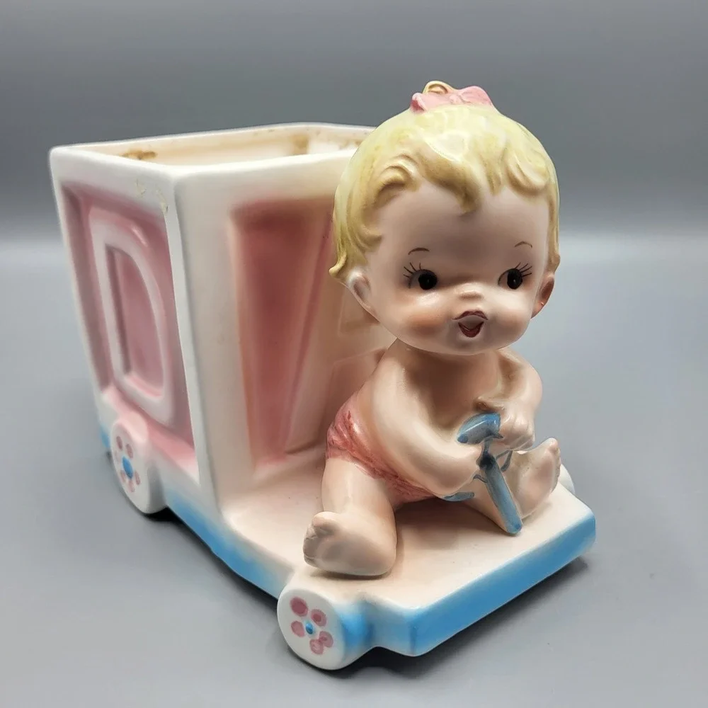 Enesco Baby Girl Alphabet Block Cart Planter Vintage Japan E-6127 Pink Blue READ